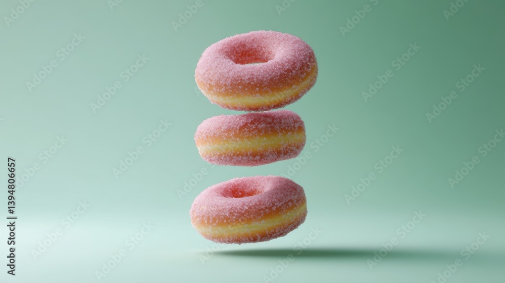 Poster stack of three pink sugar coated donuts floating in a pastel green studio setting with soft lighting