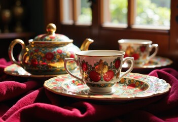 Fototapeta premium Elegant tea set with floral patterns on a rich red fabric background