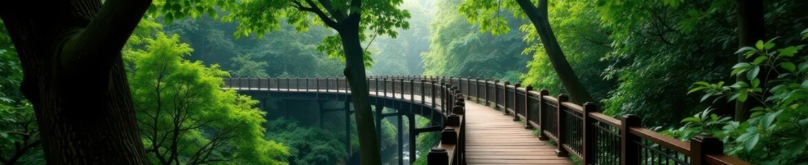 Obraz premium Elevated walkway, dense arboreal surroundings, branches, green