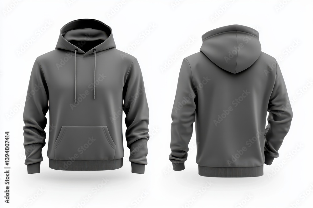 Poster Grey hoodie showcasing front and back view in a simple design with drawstrings and a pouch pocket