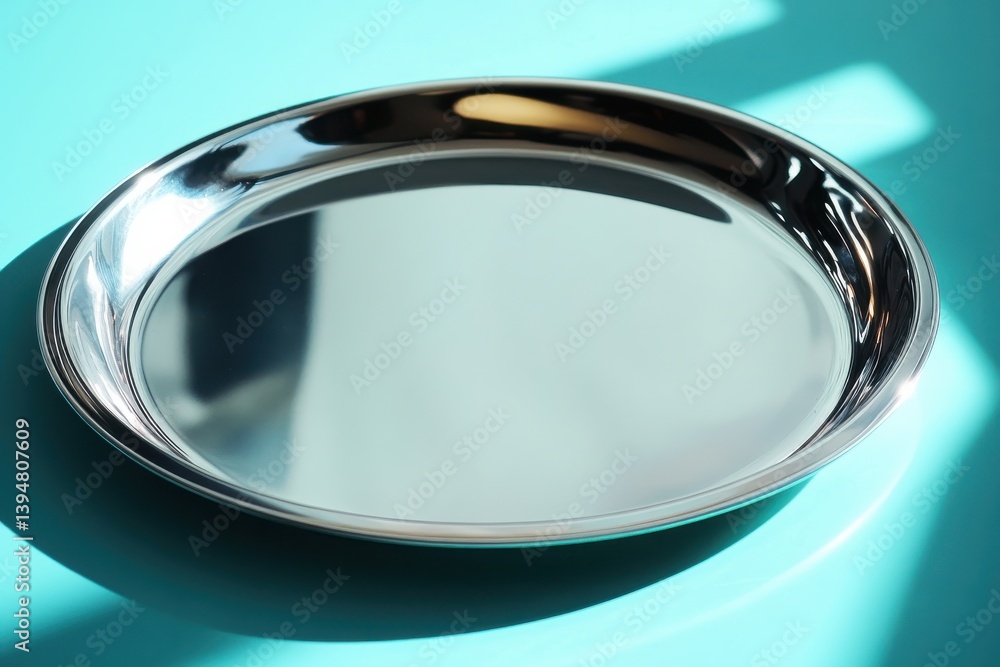 Poster reflective silver tray placed on a turquoise surface with sunlight casting shadows