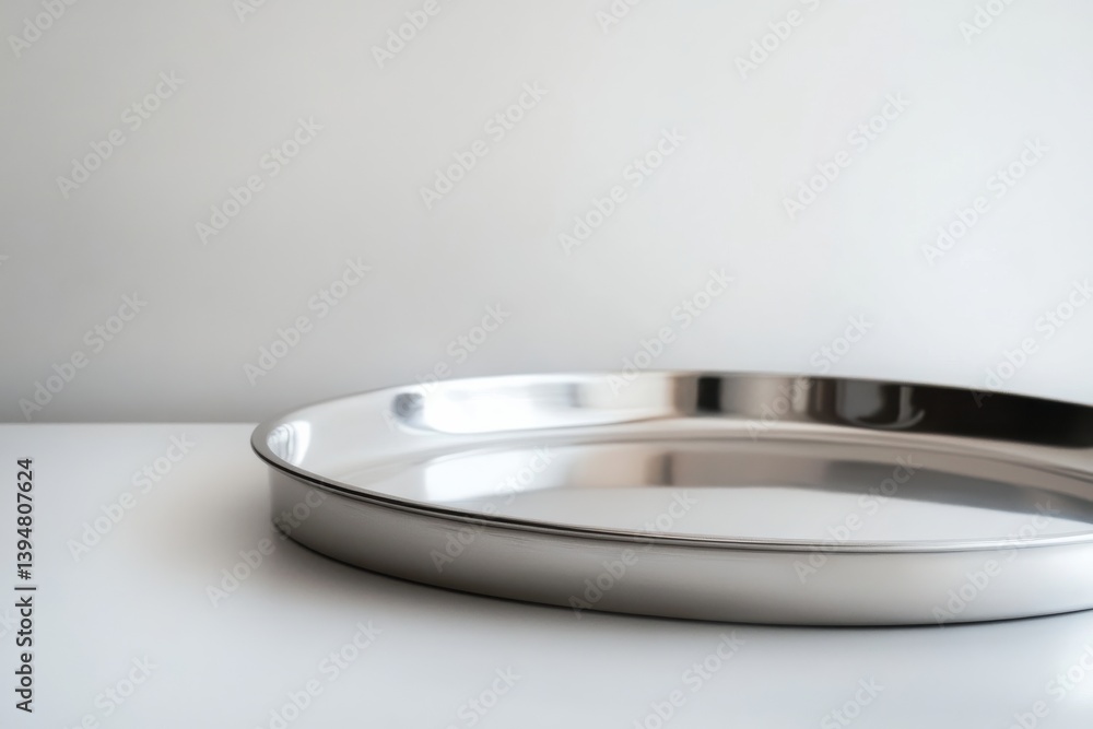 Poster Shiny metallic tray rests on a clean surface with minimalistic design showcasing its smooth curve and sleek finish