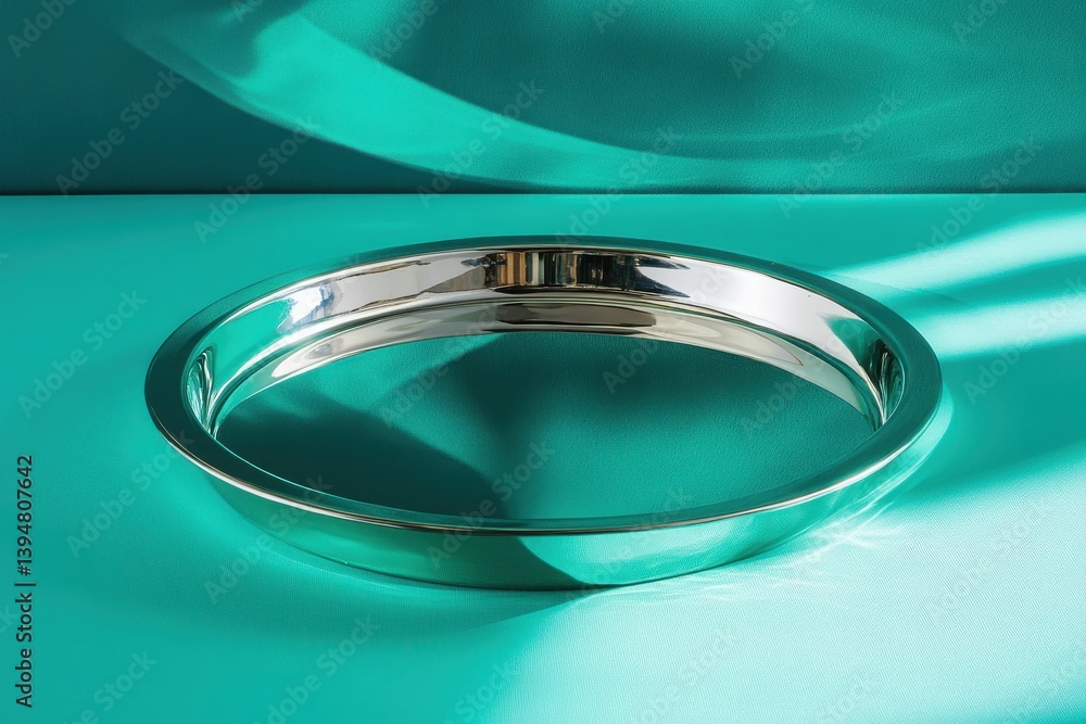 Aufkleber shiny metal tray reflecting light on a vibrant turquoise surface in a well-lit setting