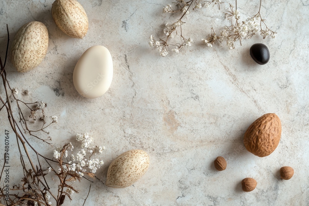 Aufkleber Natural elements displayed on a textured surface, featuring various eggs and dried flowers for a minimalist aesthetic