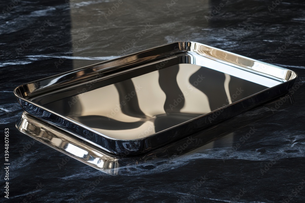 Poster reflective metal tray rests on dark marble surface, showcasing elegant design and shiny texture unde
