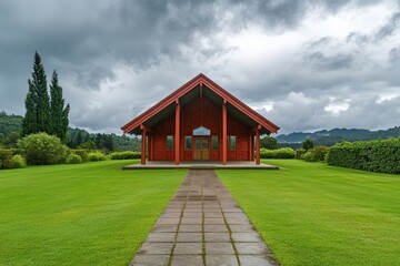 Fototapeta premium Red Carved Marae Meeting House in Green Landscape