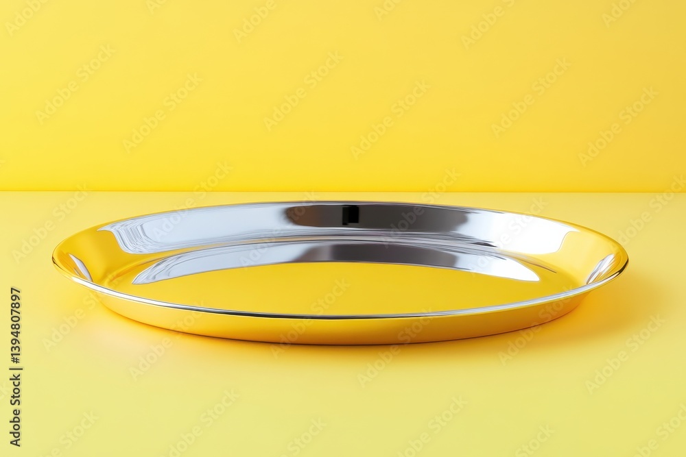 Poster shiny metallic plate set against a vibrant yellow background showcasing elegance and simplicity