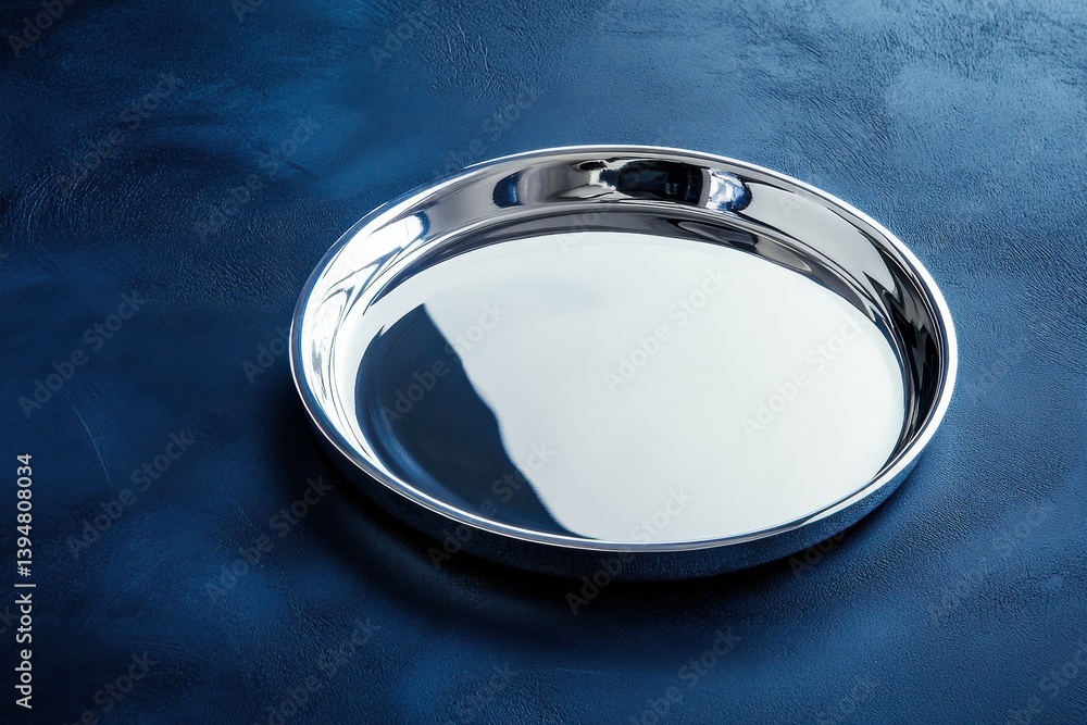 Poster shiny metal serving tray placed on a textured blue surface, emphasizing its reflective qualities and