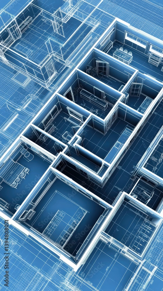 Poster overhead shot of architectural blueprints showcasing a complex building's structural details - draft