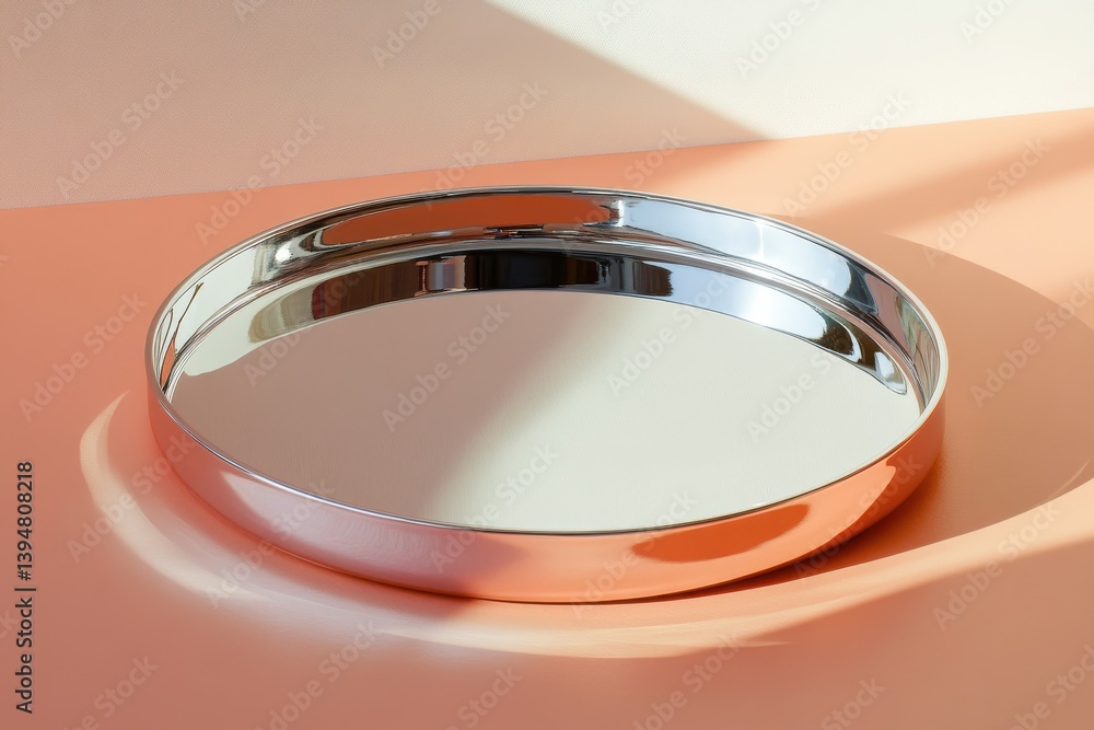 Aufkleber Shiny metal tray placed on a soft-colored surface with light reflections highlighting its smooth design