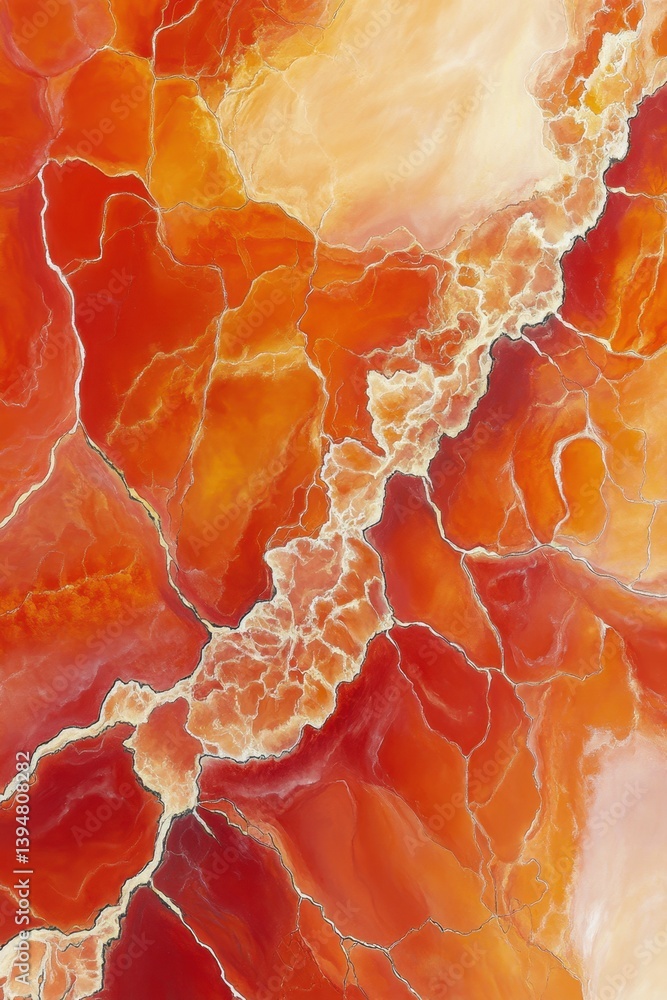 Poster aerial view of abstract red and orange landscape with cracks and veins forming a unique pattern from