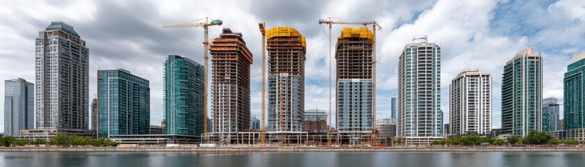 Panoramic view of city skyline with multiple buildings under construction amidst completed structures - Cityscape crane progress new