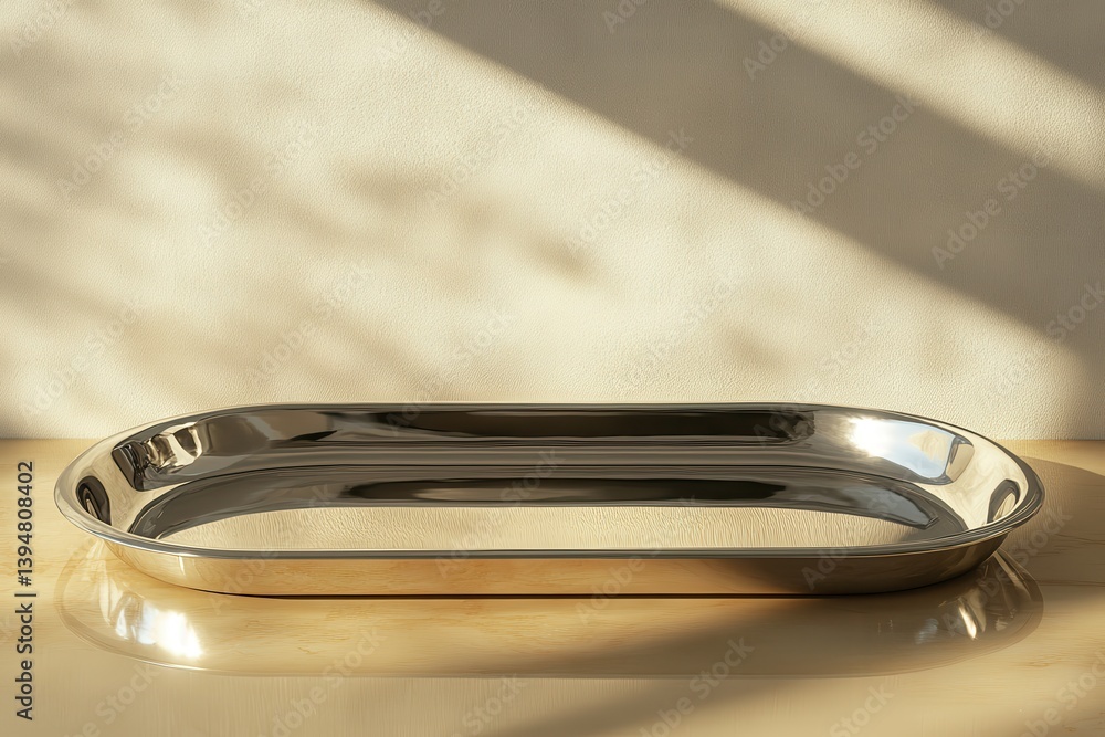 Poster elegant metallic tray illuminated by soft sunlight on a wooden surface in a serene indoor setting
