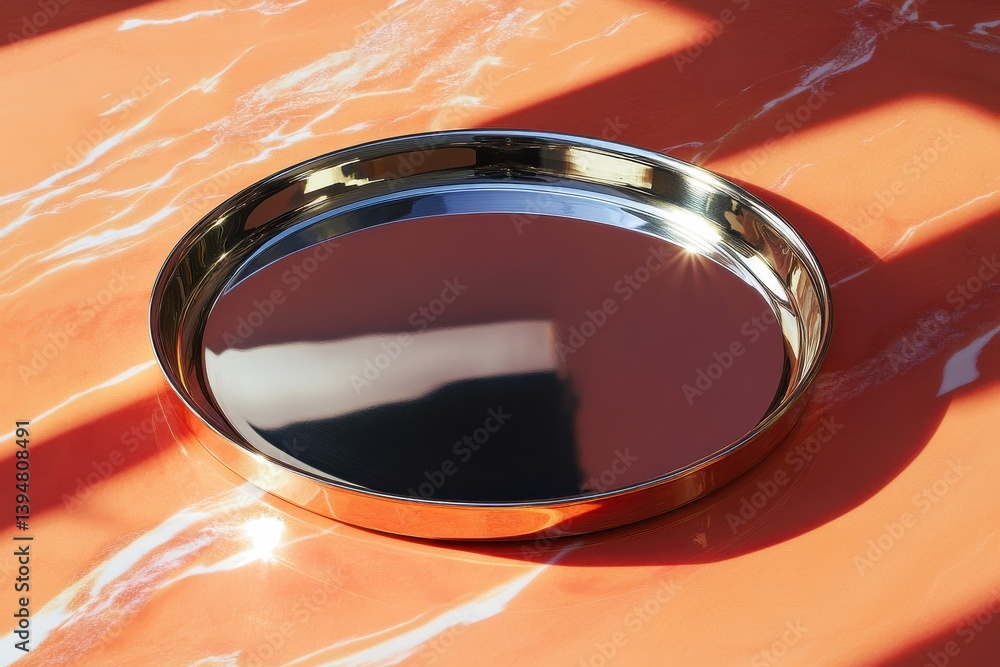 Poster reflective round tray placed on a marble surface illuminated by sunlight during the afternoon