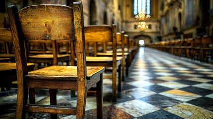 Rows of wooden chairs in a historic church, tiled floor, grand chandelier