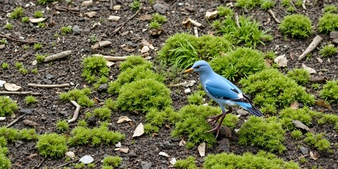 Fototapeta premium Vibrant Blue Bird Amidst Lush Green Groundcover Plants