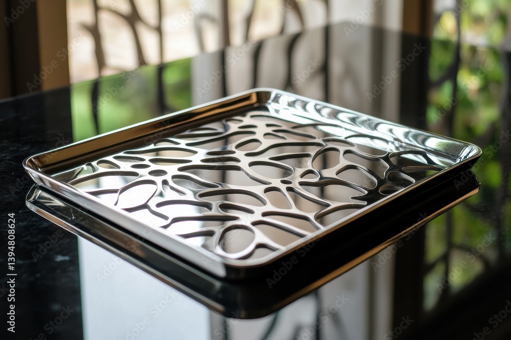 Poster sleek modern tray rests on a polished black countertop with natural light filtering through the wind