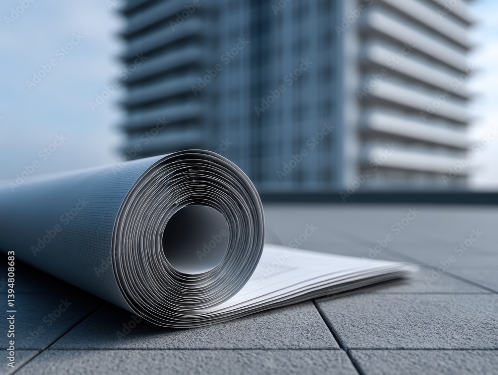 Poster a construction site with a highrise under construction in the background a rolled blueprint rests ne