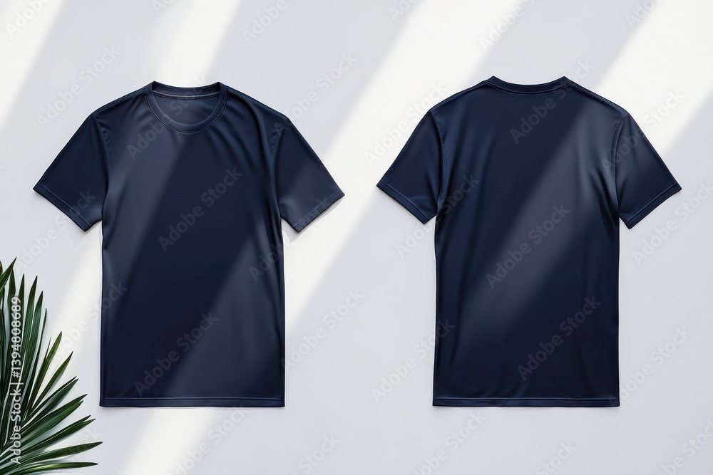 Poster Customizable navy t-shirts displayed against a minimalistic background with shadows highlighting their fabric texture