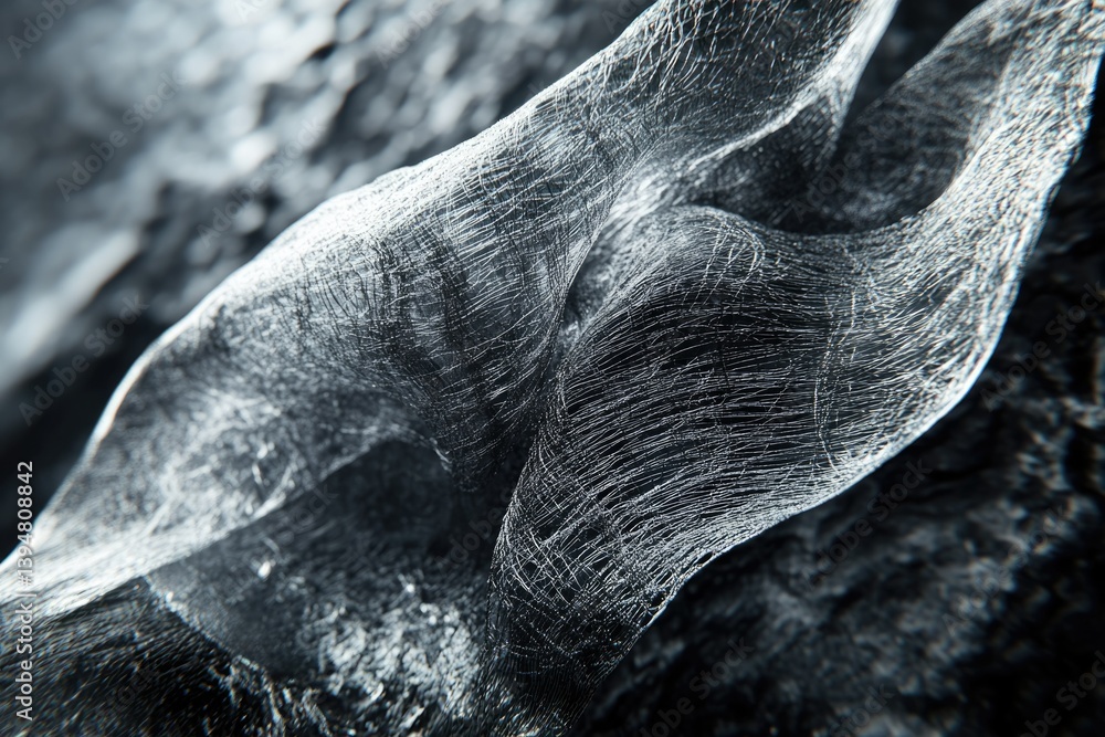 Poster Abstract grayscale image of a delicate, web-like structure, resembling a fragile, woven fabric.