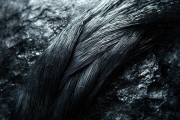 Obraz premium Close-up of a dark, thick braid resting on a textured, dark surface.