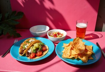 Delicious tacos served with fresh salsa, tortilla chips, and a cold beer