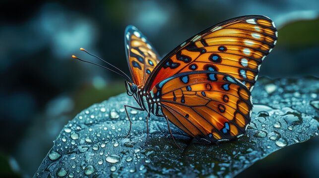 Beautiful butterfly on dewy leaf - Powered by Adobe