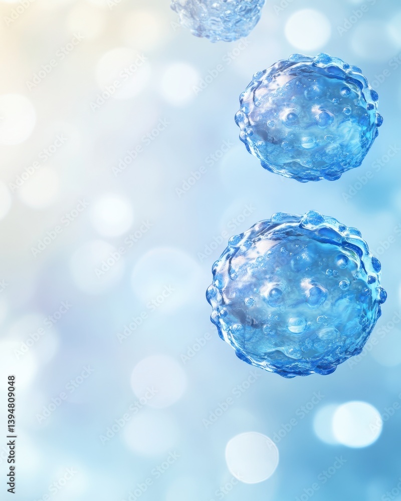 Poster abstract blue spheres floating in a serene light background representing science and technology inno