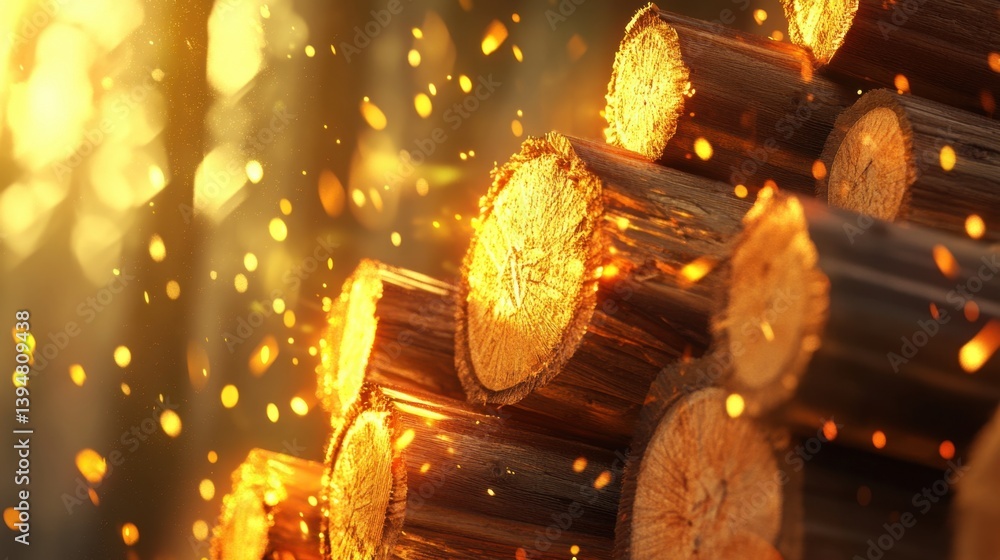 Poster rustic stack of firewood logs with golden bokeh lights creates warmth and inviting atmosphere for co