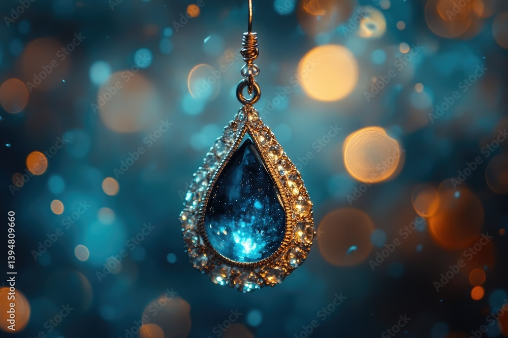 Poster elegant teardrop earring with a mesmerizing blue gemstone, sparkling against a bokeh background.