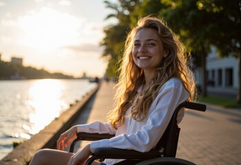Young woman in a wheelchair smiling by the riverside at sunset