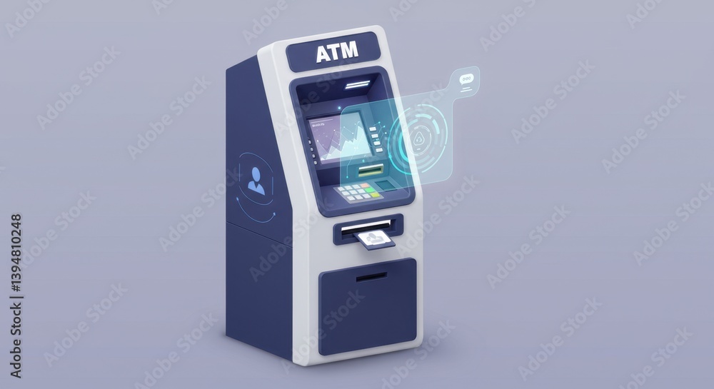 Poster advanced atm technology futuristic banking machine automated teller machine digital finance 3d rende