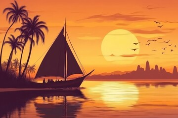 Fototapeta premium Felucca sailing on Nile at sunset with palm-lined riverbanks