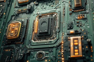 Fototapeta premium Close-up of a circuit board showcasing intricate technological details and glowing components.