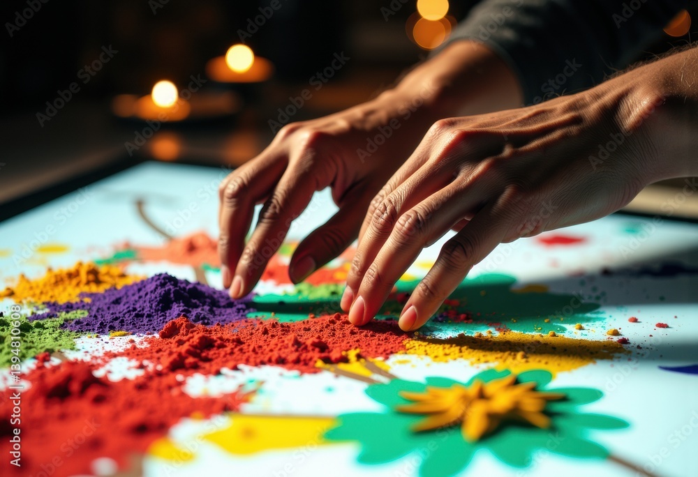 Poster hands creating art with colorful sand on a bright surface