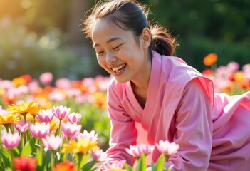 Young woman in pink attire joyfully interacting with colorful flowers