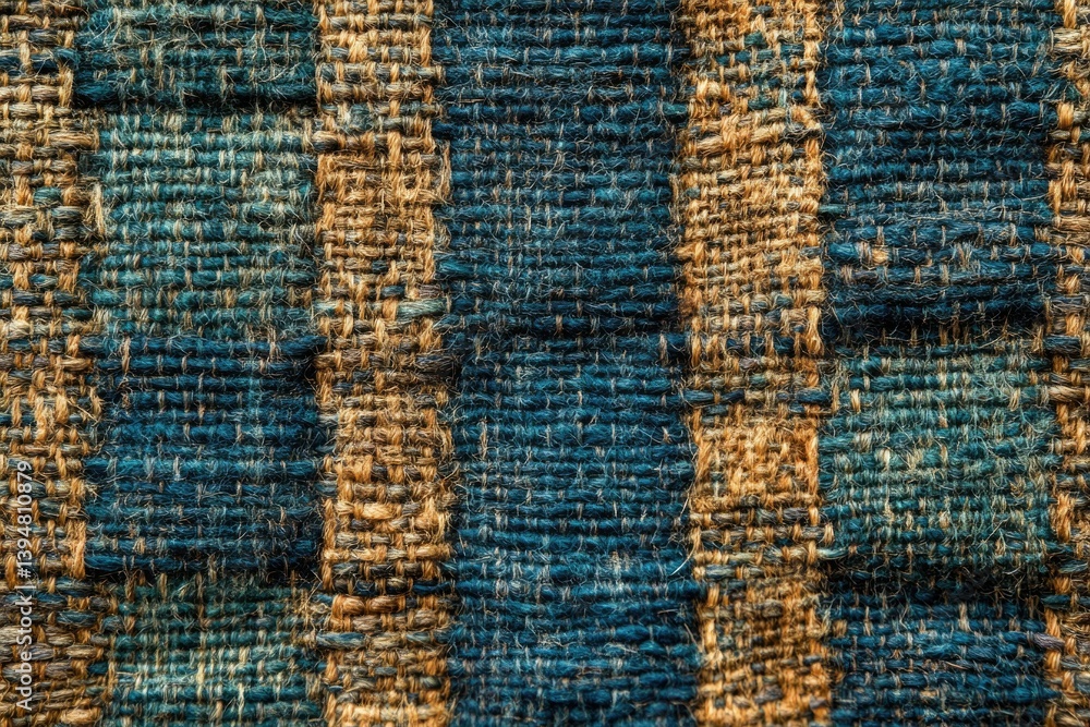 Aufkleber close-up of a woven textile with teal and beige intersecting patterns, showcasing intricate texture 