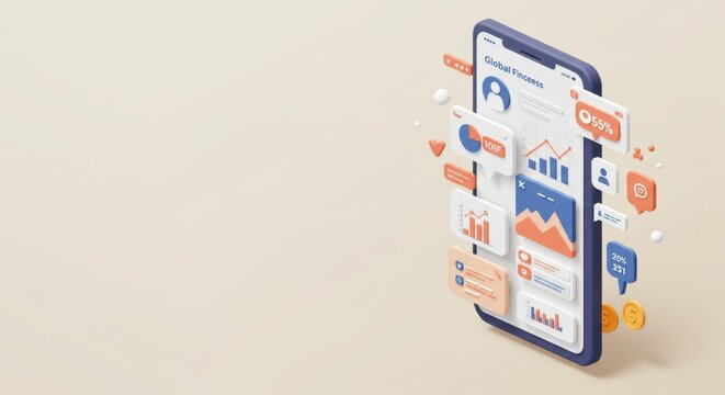Modern Smartphone App Interface Displaying Global Finance Processes Data Analytics and Visualizations