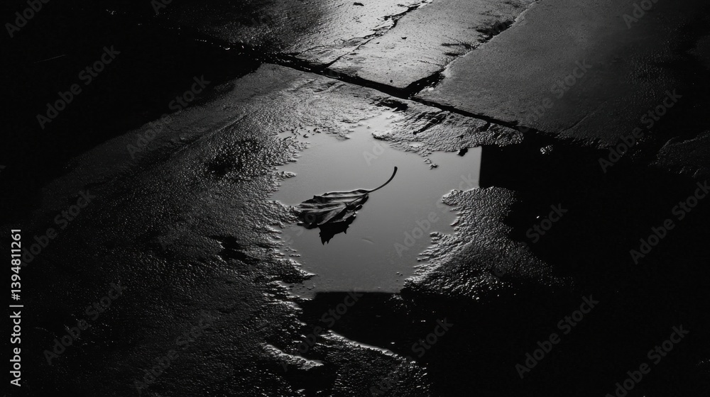 Poster solitary leaf floating in a puddle on a wet pavement capturing reflections in monochrome urban setti
