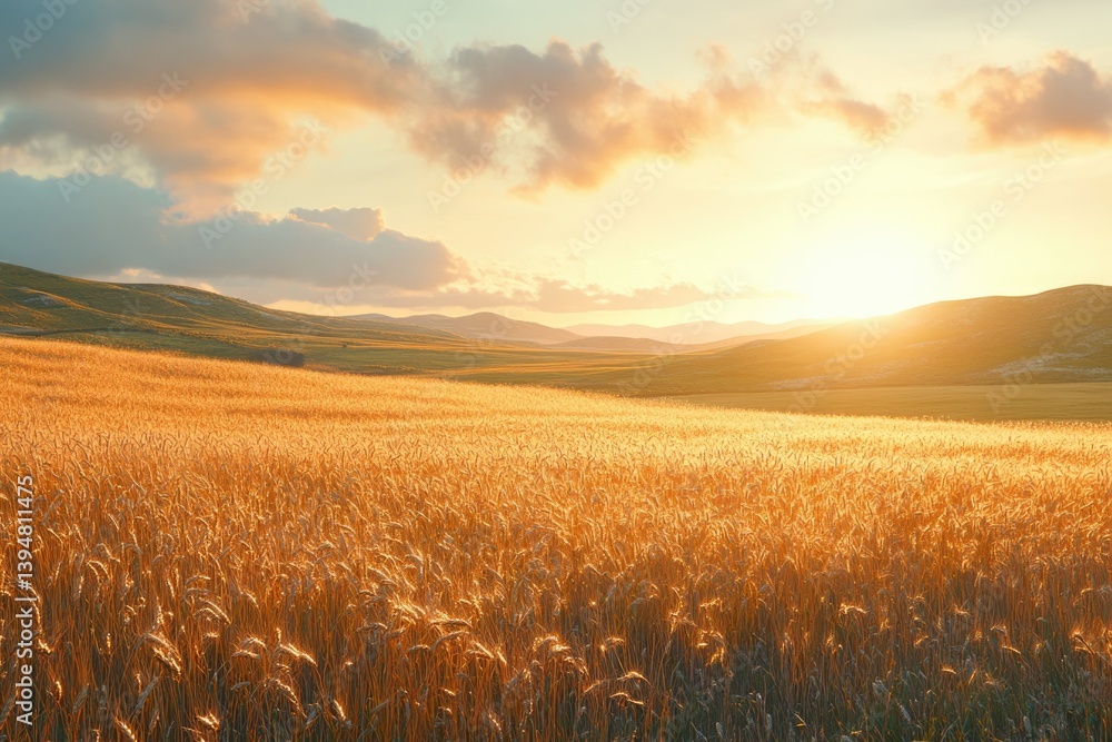 Aufkleber golden wheat field bathed in the warm glow of a setting sun, rolling hills in the background.