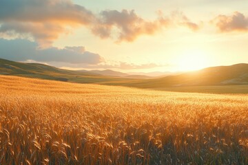 Golden wheat field bathed in the warm glow of a setting sun, rolling hills in the background.