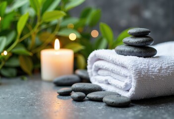 Relaxing spa setting with stacked stones, a candle, and fresh greenery