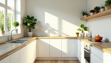 Fototapeta premium Minimalist kitchen, soft light, houseplants, wooden counters, white cupboards , wood, airy