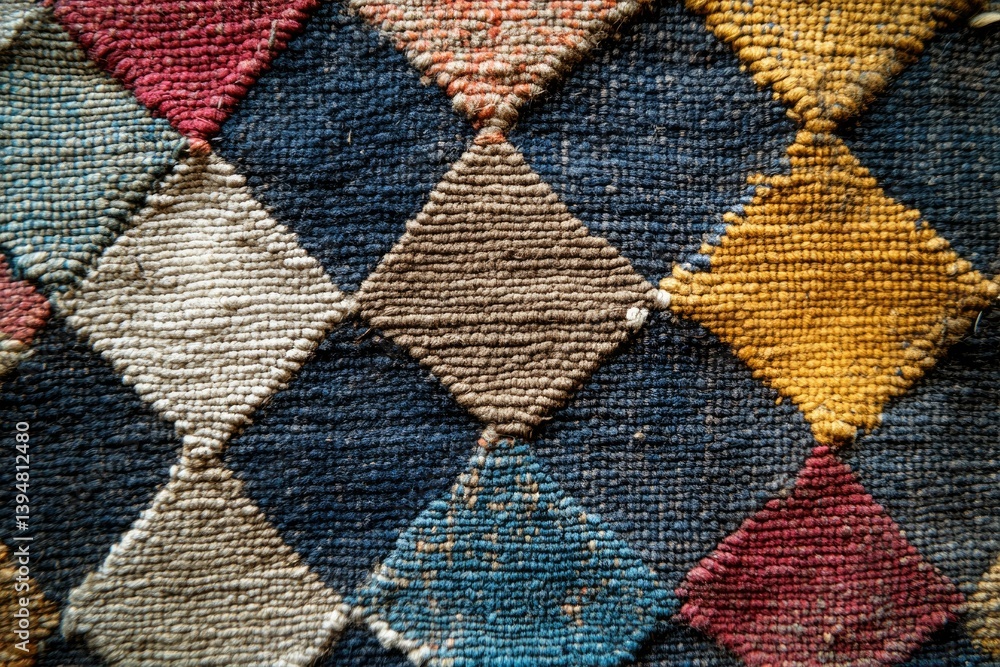 Aufkleber close-up view of a textured rug with a diamond pattern in various muted colors.