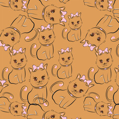 Cute Cartoon Cat Pattern with Pink Bows – Seamless Kitten Background Design