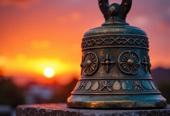A beautifully crafted bell against a stunning sunset backdrop