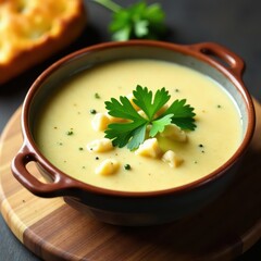 Thick chowder, vibrant parsley, toasted bread slice, close up, culinary
