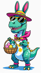 funny dinosaur with sunglasses holding a basket of colorful Easter eggs on a white background