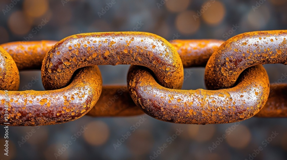 Poster rusty chain links show age. close-up macro view on textured background