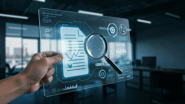 Hand holding magnifying glass over futuristic digital document on holographic interface in modern office. Concept of data analysis, cybersecurity, and business intelligence in tech environments